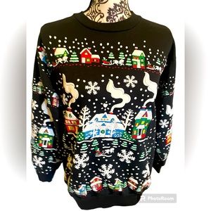 Vintage Karen Blake Snow Covered Village Ladies Sweatshirt Size M Made In USA